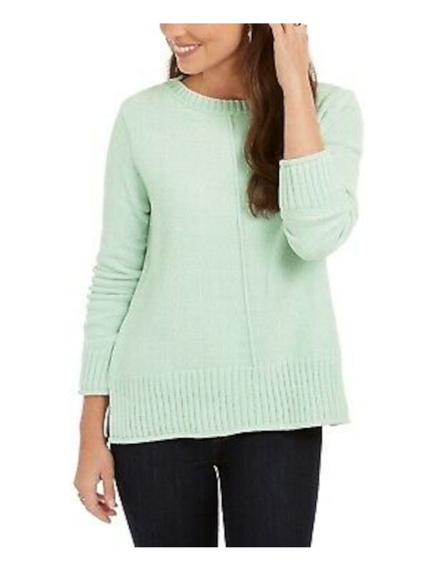 STYLE & COMPANY Womens Green Textured Ribbed 3/4 Sleeve Crew Neck Sweater Petites PS