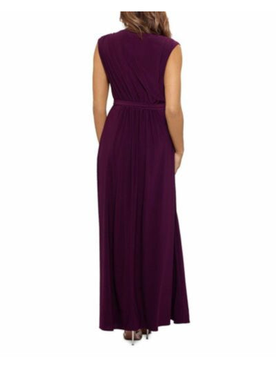 AQUA Womens Purple Stretch Pleated Self-tie Belt High Slit Sleeveless Surplice Neckline Full-Length Formal Gown Dress 4
