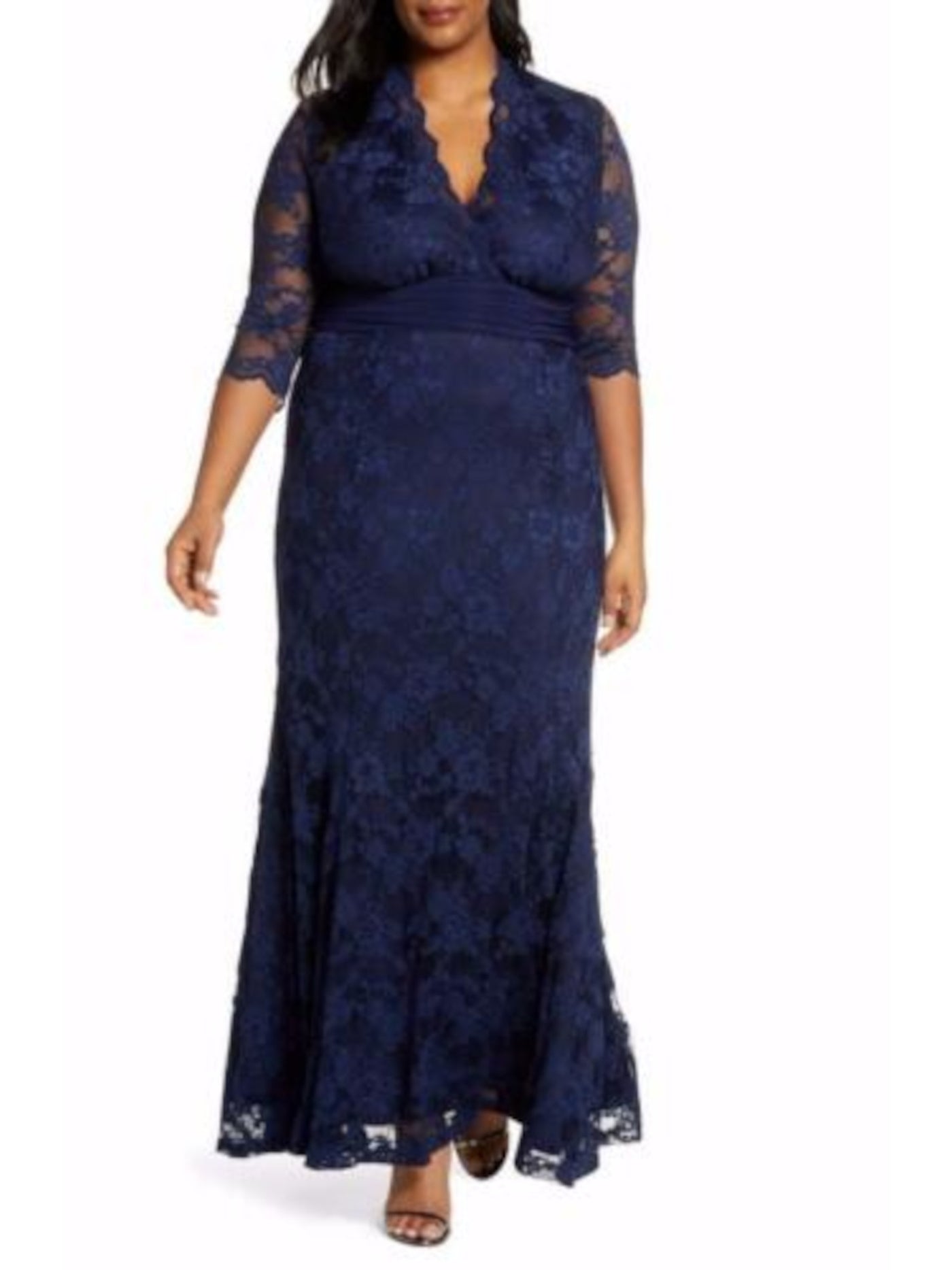 KIYONNA Womens Navy Lace Scalloped Elbow Sleeve V Neck Maxi Evening Fit + Flare Dress Plus 2X