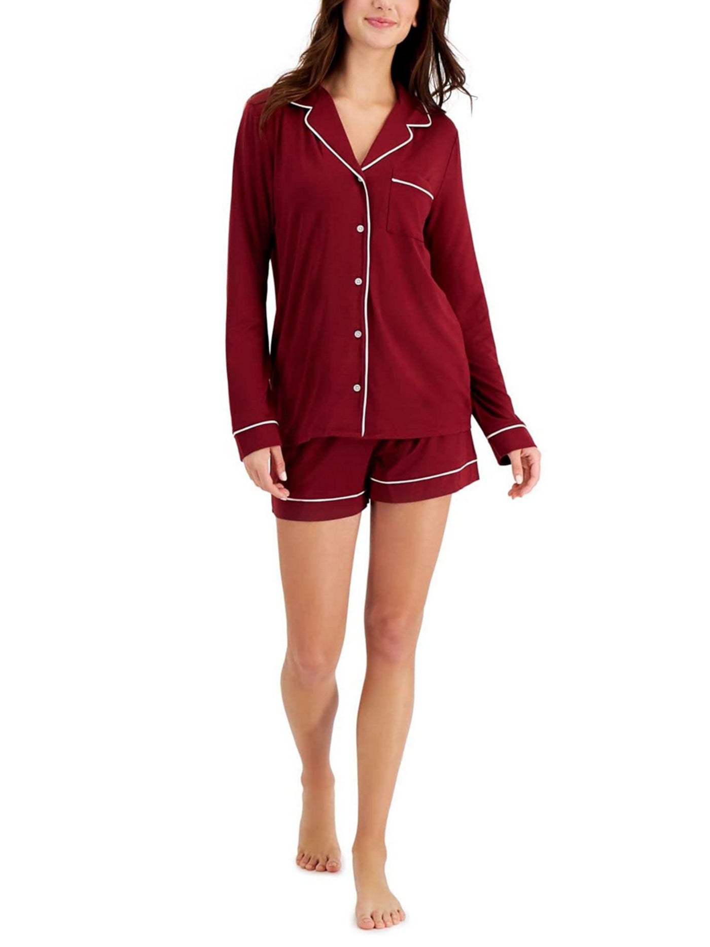 ALFANI Womens Burgundy Notched Collar Long Sleeve Button Up Top Shorts Pants Pajamas M