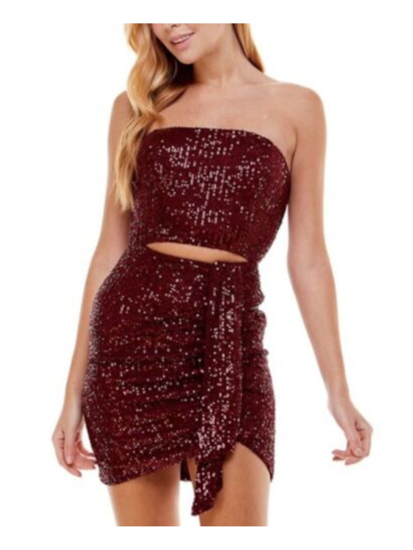 CITY STUDIO Womens Sequined Zippered Cutout Waist Tie Hi-lo Hem Sleeveless Strapless Short Party Body Con Dress