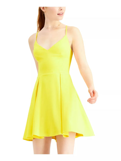 B DARLIN Womens Yellow Stretch Pleated Spaghetti Strap V Neck Short Party Fit + Flare Dress Juniors 3\4