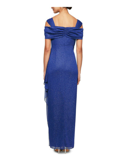 ALEX EVENINGS Womens Blue Cold Shoulder Draped Metallic Gown Scoop Neck Full-Length Evening Dress 6