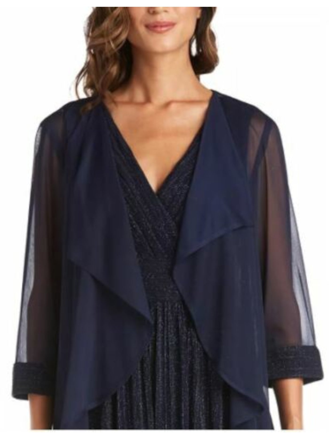 R&M RICHARDS Womens Navy Glitter Sheer Drapey Ribbed Cuff 3/4 Sleeve Open Front Wear To Work Cardigan 6