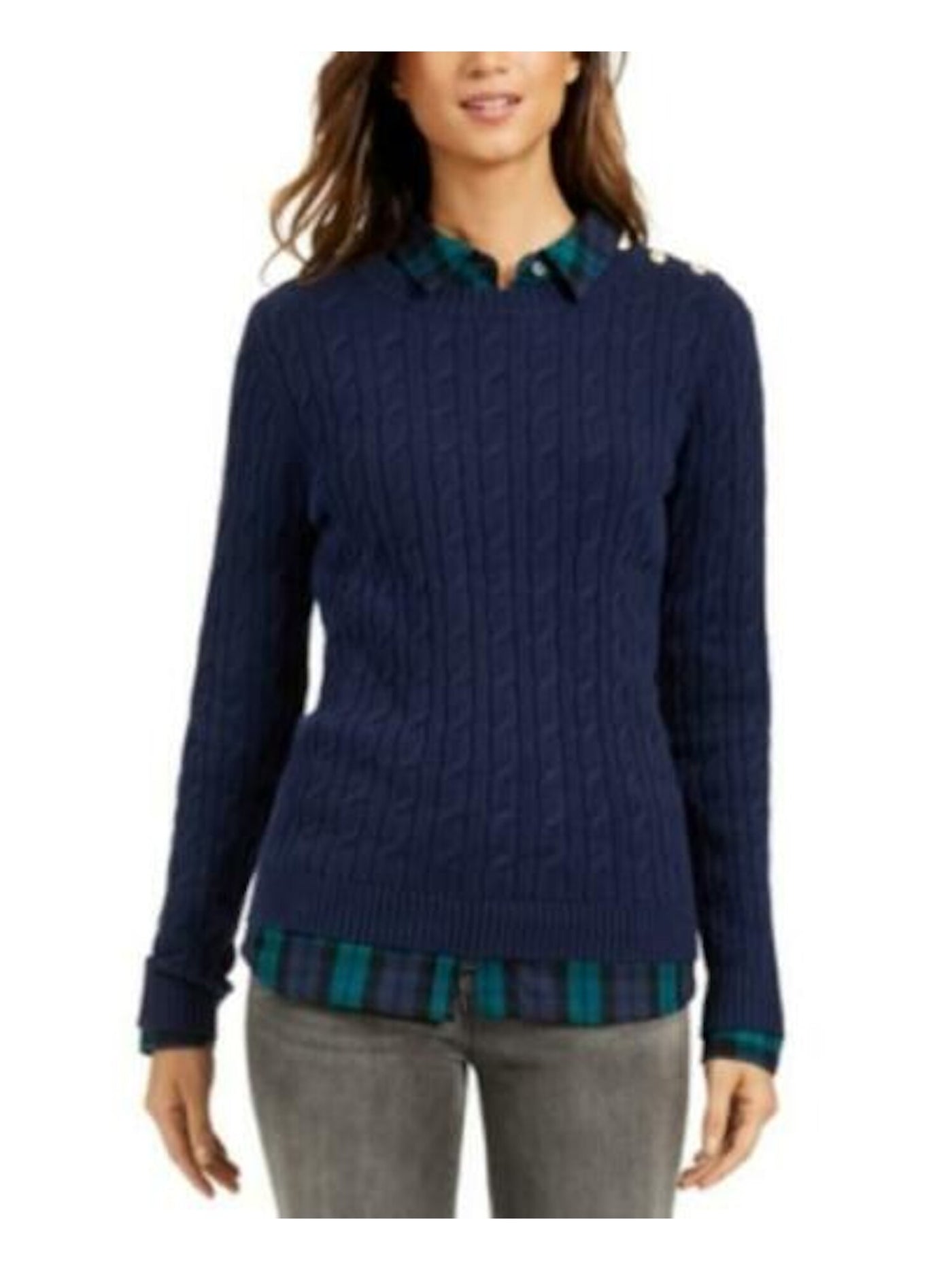 CHARTER CLUB Womens Navy Textured Embellished Long Sleeve Jewel Neck Sweater L