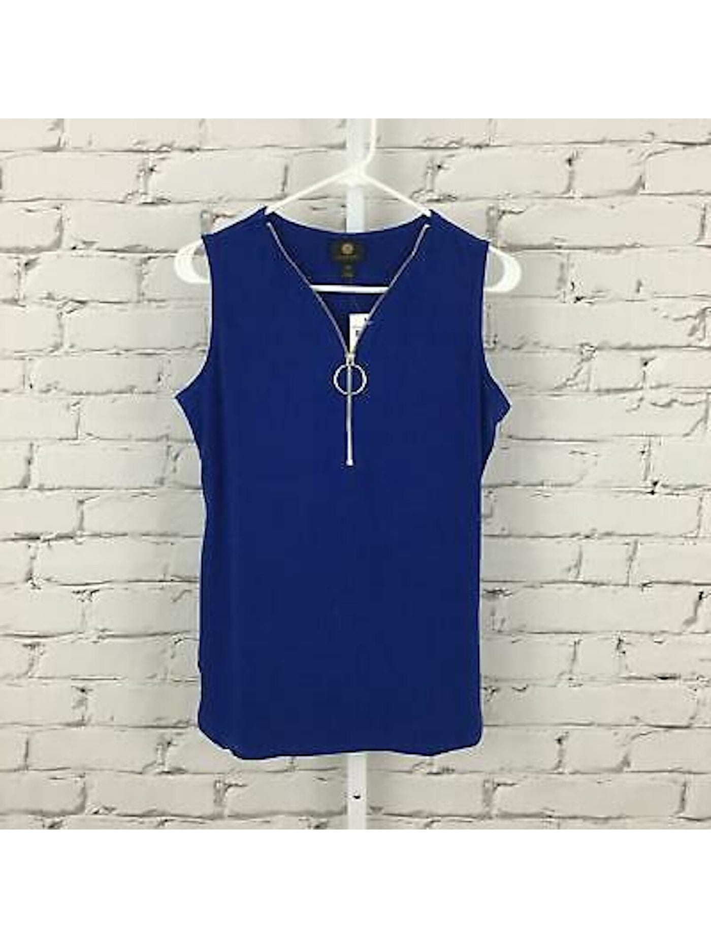 JM COLLECTION Womens Blue Sleeveless Zip Neck Tank Top Petites PS