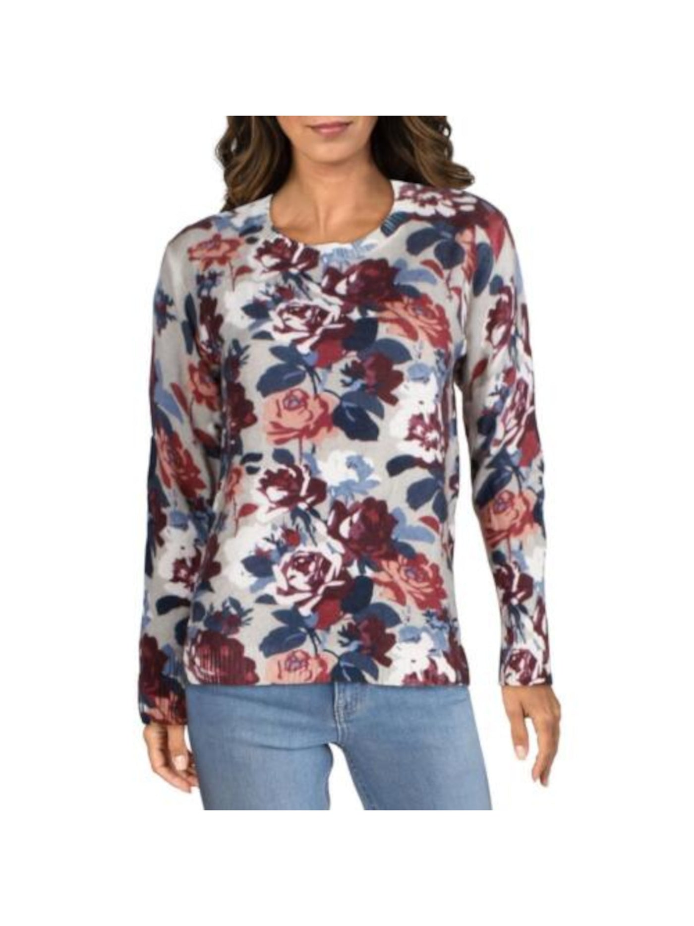 Designer Brand Womens Gray Cashmere Ribbed Floral Long Sleeve Crew Neck Sweater M
