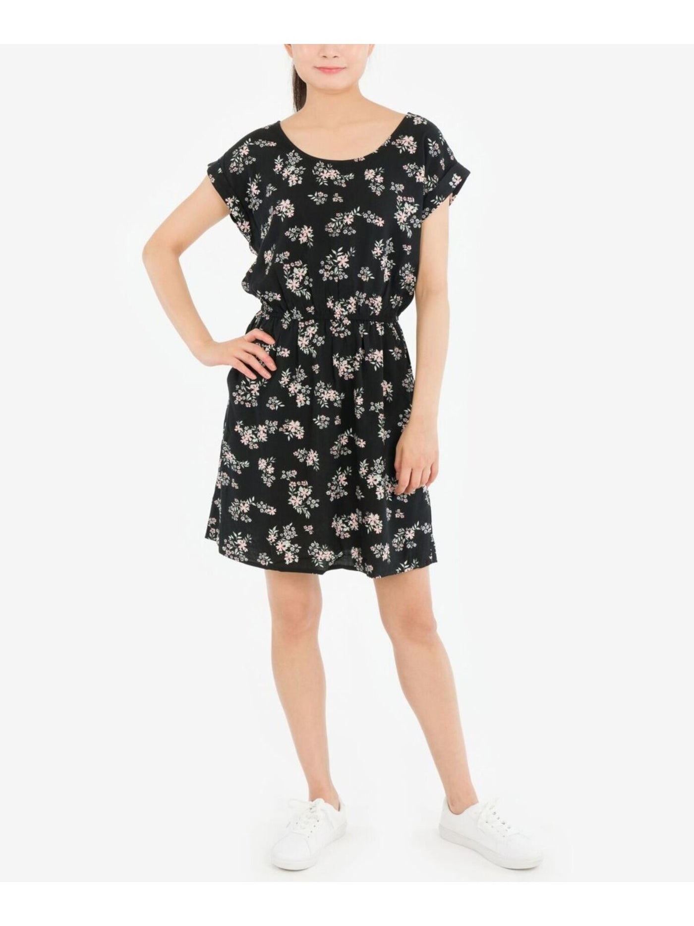 HIPPIE ROSE Womens Black Pocketed Cut Out Elastic-waist Strappy-back Floral Short Sleeve Scoop Neck Short Fit + Flare Dress Juniors M
