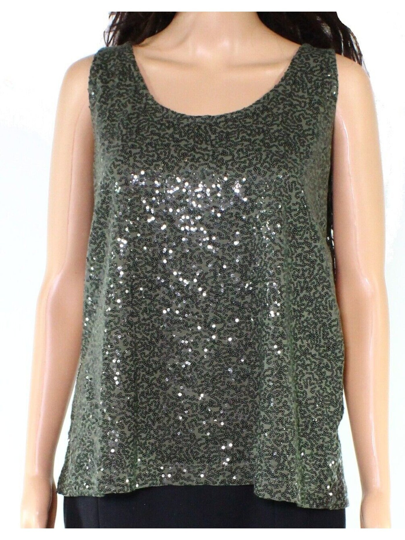DKNY Womens Green Stretch Sequined Sleeveless Scoop Neck Evening Tank Top S