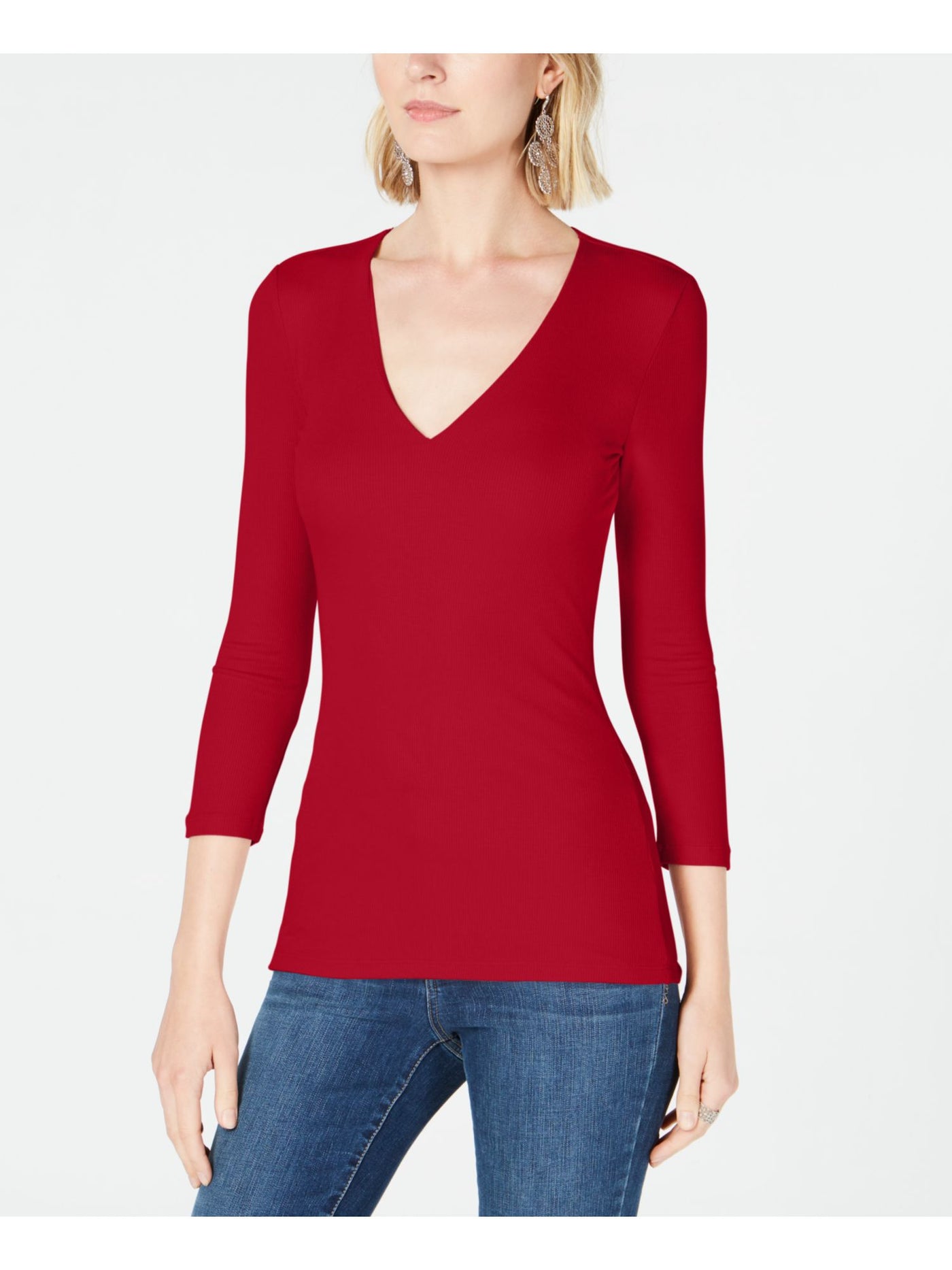 INC Womens Red 3/4 Sleeve V Neck T-Shirt Petites PM