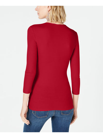 INC Womens Red 3/4 Sleeve V Neck T-Shirt Petites PL