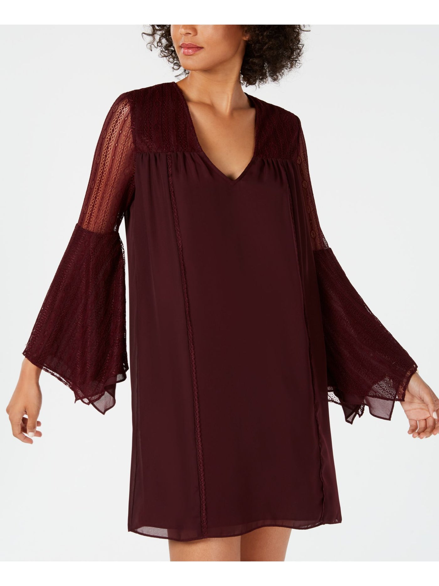 AVEC LES FILLES Womens Burgundy Lace Sleeve Bell Sleeve V Neck Mini Party Shift Dress 2
