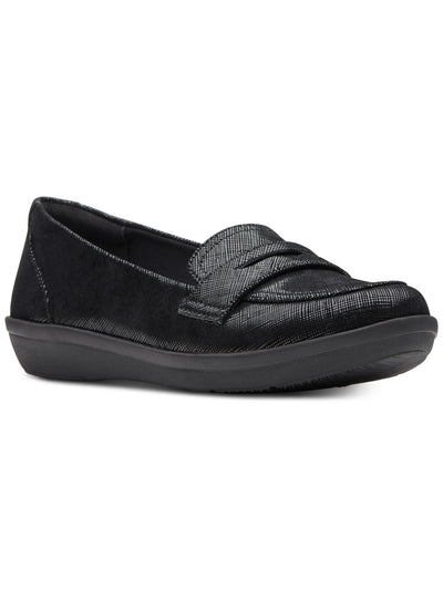 CLOUD STEPPERS BY CLARKS Womens Black Scale Embossed Removable Insole Penny Strap Cushioned Ayla Form Round Toe Wedge Slip On Loafers Shoes 7.5 M