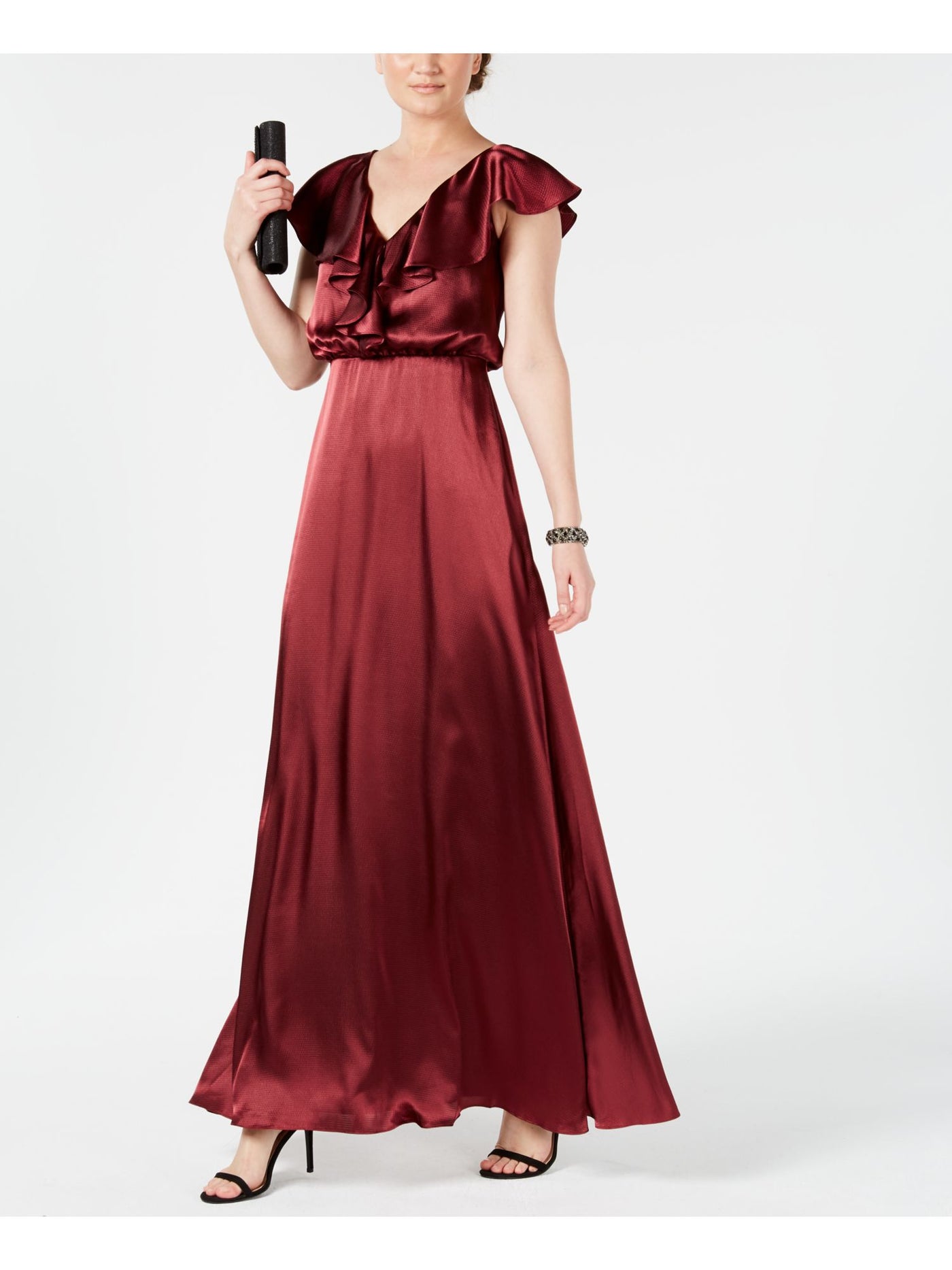 ADRIANNA PAPELL Womens Burgundy Ruffled Short Sleeve V Neck Full-Length Evening Gown Dress Plus 0