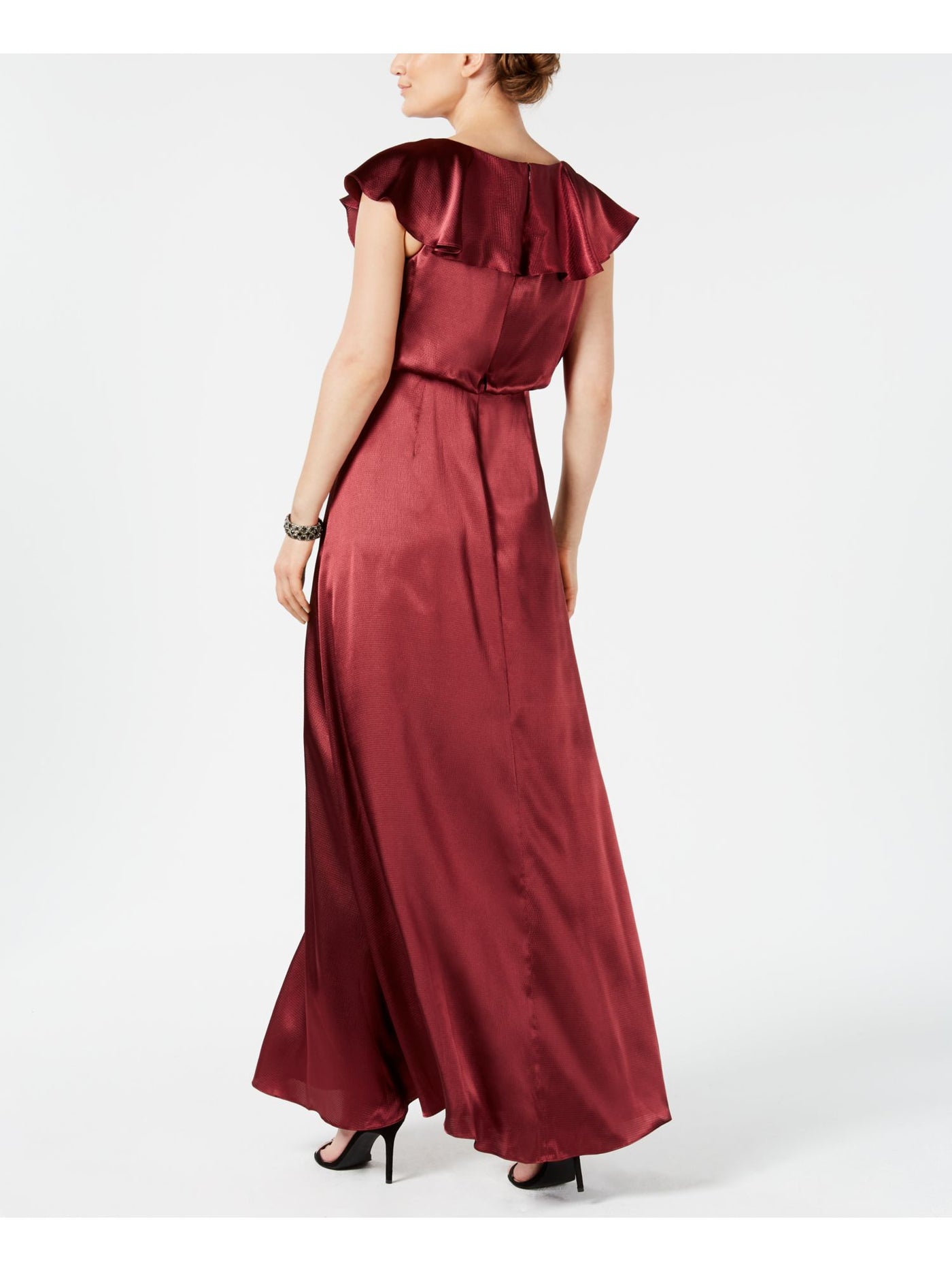 ADRIANNA PAPELL Womens Burgundy Ruffled Short Sleeve V Neck Full-Length Evening Gown Dress Plus 0