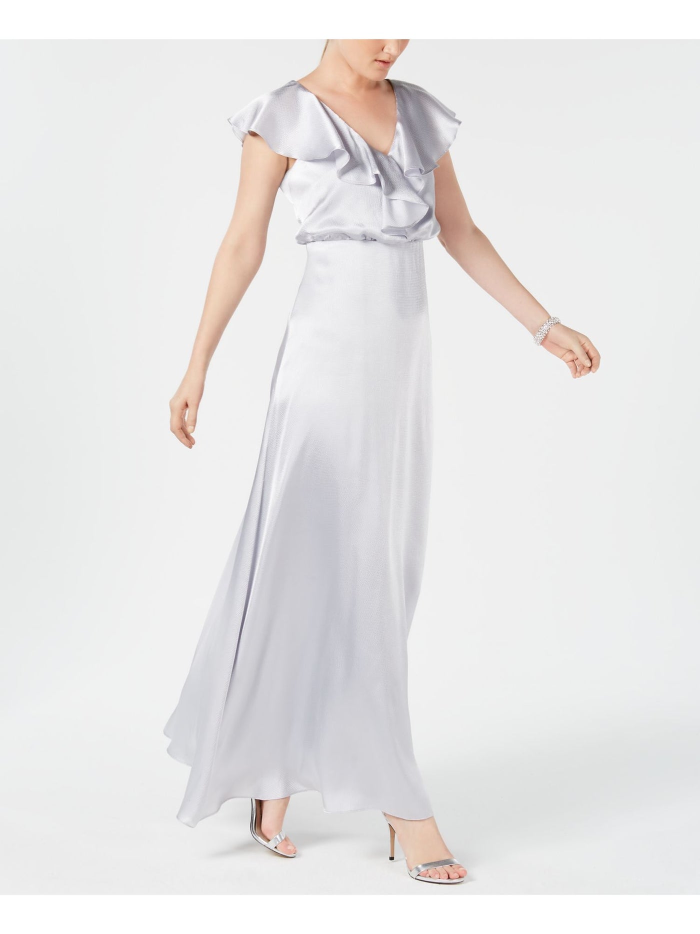 ADRIANNA PAPELL Womens Silver Ruffled Short Sleeve V Neck Full-Length Evening A-Line Dress 0