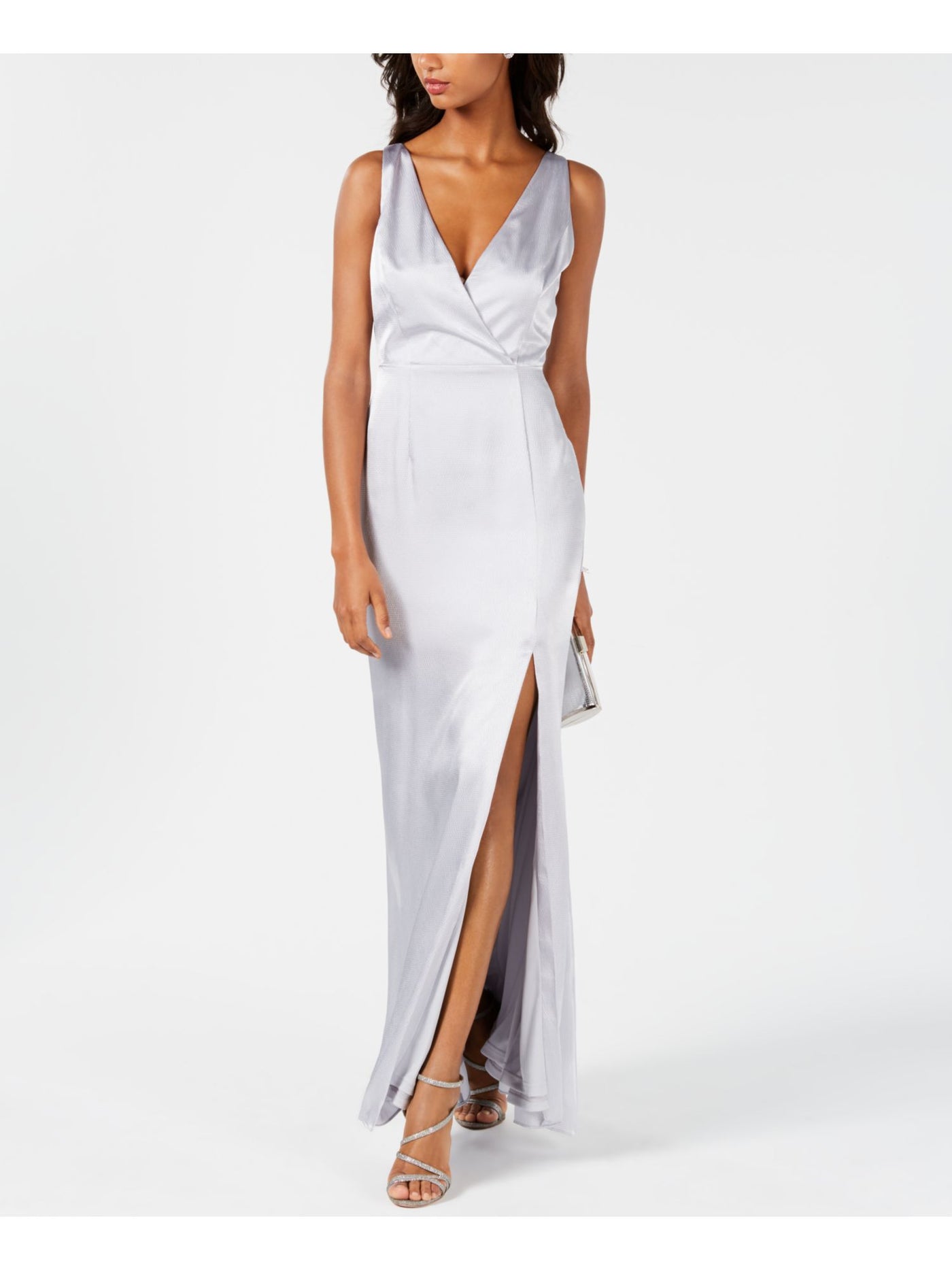 ADRIANNA PAPELL Womens Silver Slitted Sleeveless V Neck Full-Length Formal Body Con Dress 8