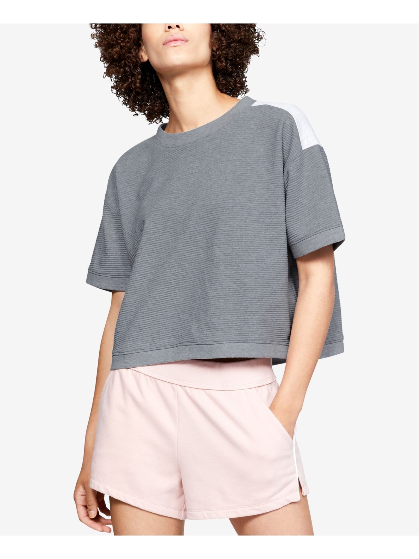 UNDER ARMOUR Womens Gray Moisture Wicking Ribbed Logo Tape Across Back Short Sleeve Crew Neck Top XS