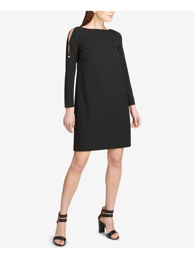 DKNY Womens Black Split Sleeve Long Sleeve Boat Neck Above The Knee Cocktail Shift Dress 2