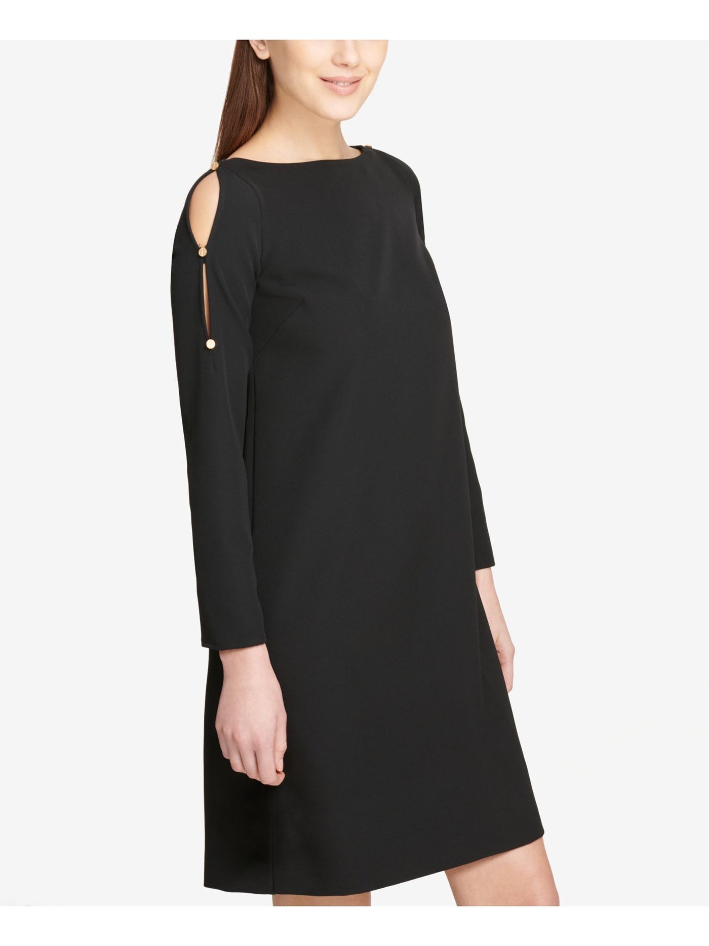 DKNY Womens Black Split Sleeve Long Sleeve Boat Neck Above The Knee Cocktail Shift Dress 2