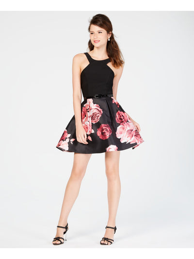 CRYSTAL DOLLS Womens Black Zippered Lined Floral Sleeveless Round Neck Above The Knee Party Fit + Flare Dress Juniors 9
