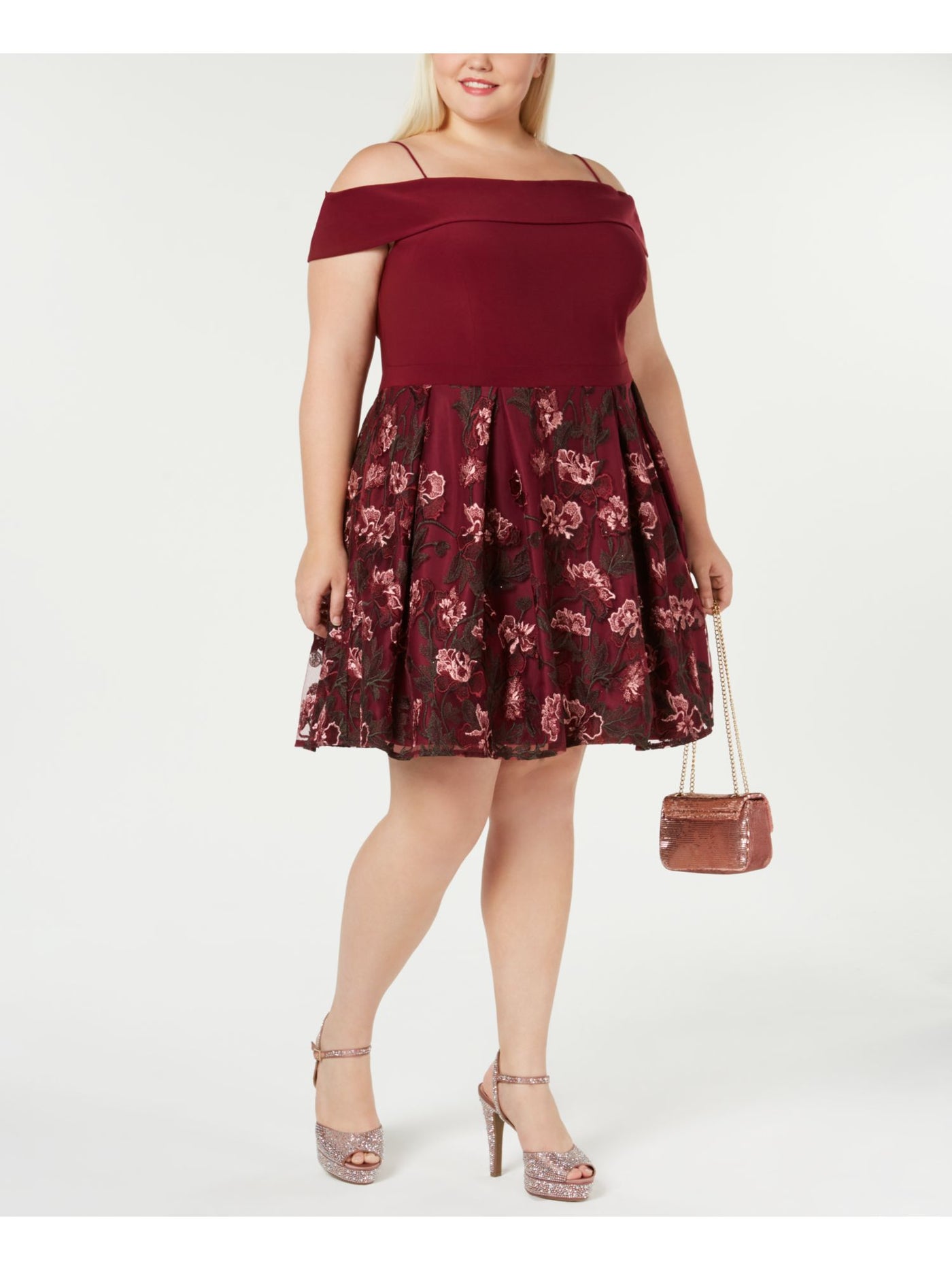 MORGAN & CO Womens Maroon Pleated Floral Spaghetti Strap Off Shoulder Above The Knee Party Circle Dress Plus 18W