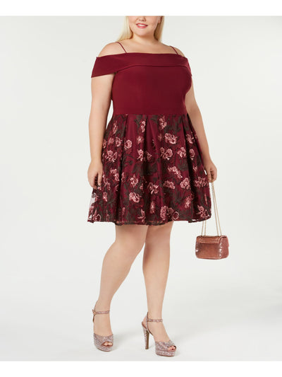 R&M RICHARDS Womens Burgundy Pleated Floral Spaghetti Strap Off Shoulder Above The Knee Party Circle Dress Plus 20W