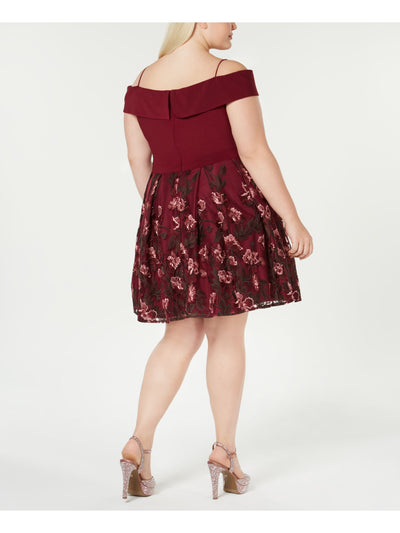 MORGAN & CO Womens Maroon Pleated Floral Spaghetti Strap Off Shoulder Above The Knee Party Circle Dress Plus 22W