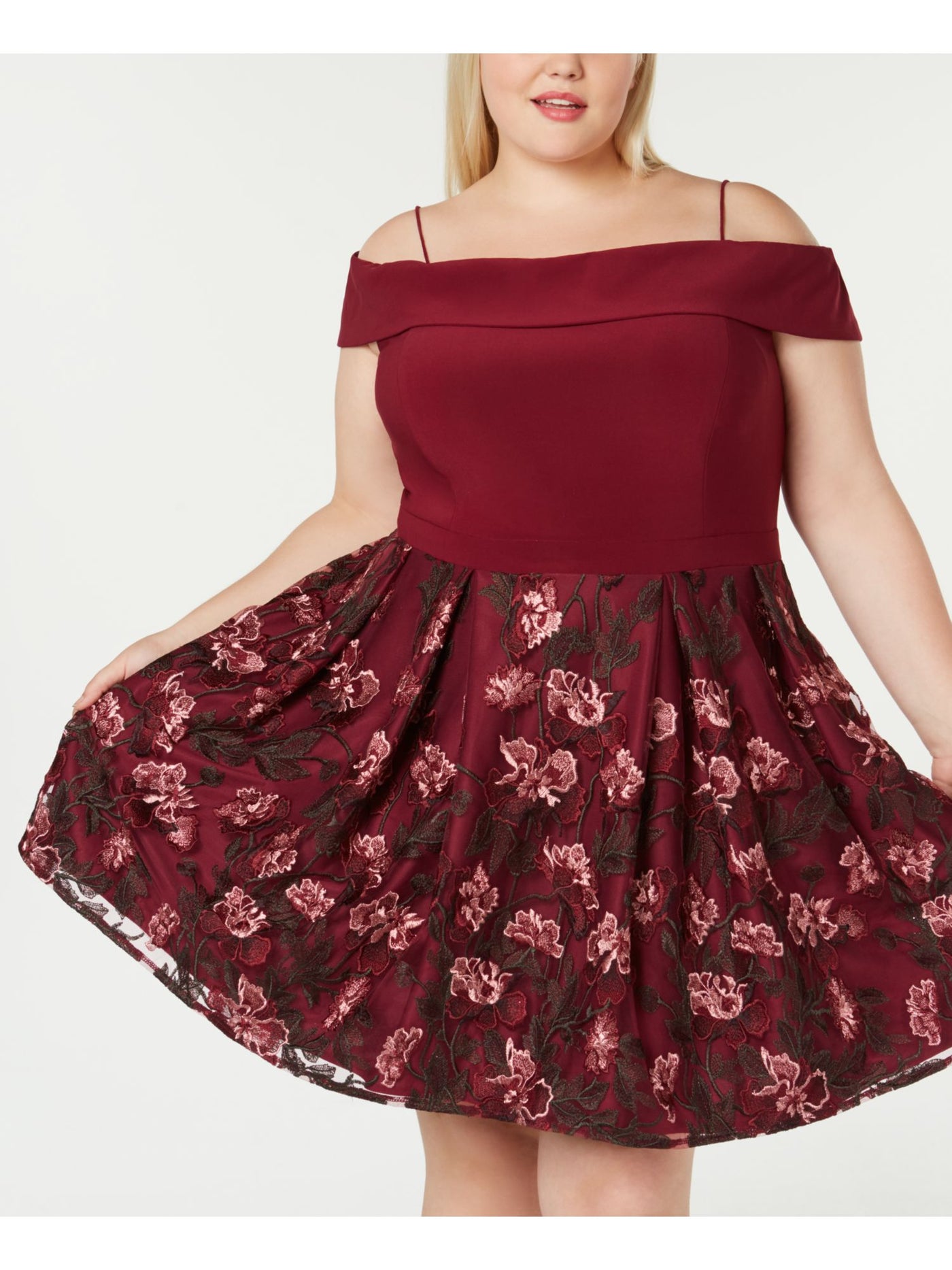R&M RICHARDS Womens Burgundy Pleated Floral Spaghetti Strap Off Shoulder Above The Knee Party Circle Dress Plus 20W