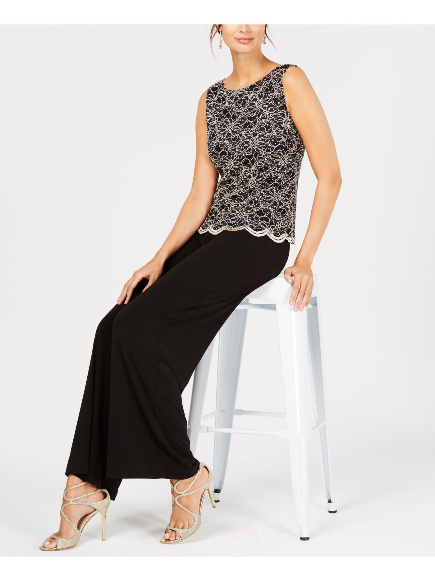 CONNECTED APPAREL Womens Silver Sequined Lace Popover Sleeveless Jewel Neck Evening Wide Leg Jumpsuit 8