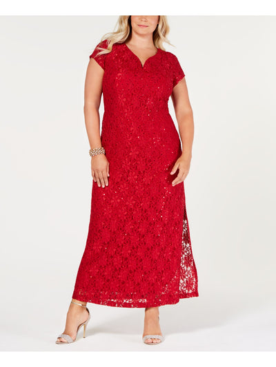 CONNECTED APPAREL Womens Red Lace Speckle Short Sleeve V Neck Full-Length Formal Shift Dress Plus 20W