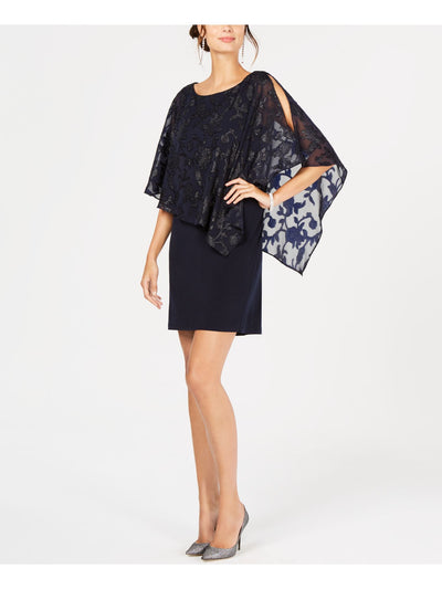 CONNECTED APPAREL Womens Navy Sheer Overlay 3/4 Sleeve Jewel Neck Short Evening Sheath Dress 4