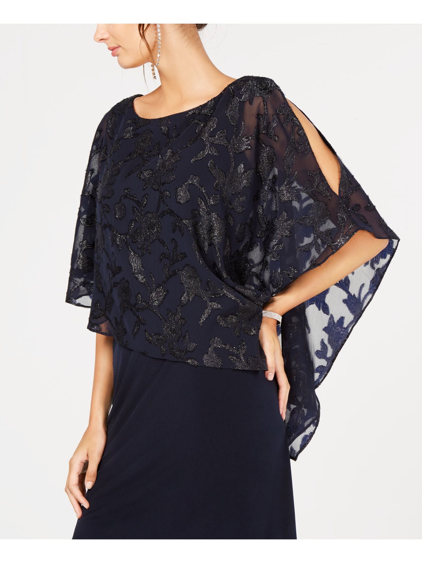 CONNECTED APPAREL Womens Navy Sheer Overlay 3/4 Sleeve Jewel Neck Short Evening Sheath Dress 4
