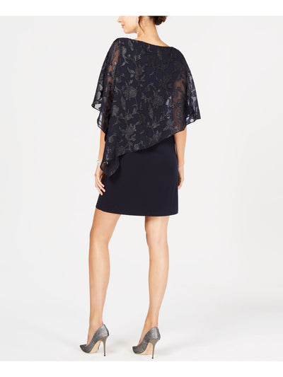 CONNECTED APPAREL Womens Navy Sheer Overlay 3/4 Sleeve Jewel Neck Short Evening Sheath Dress 4