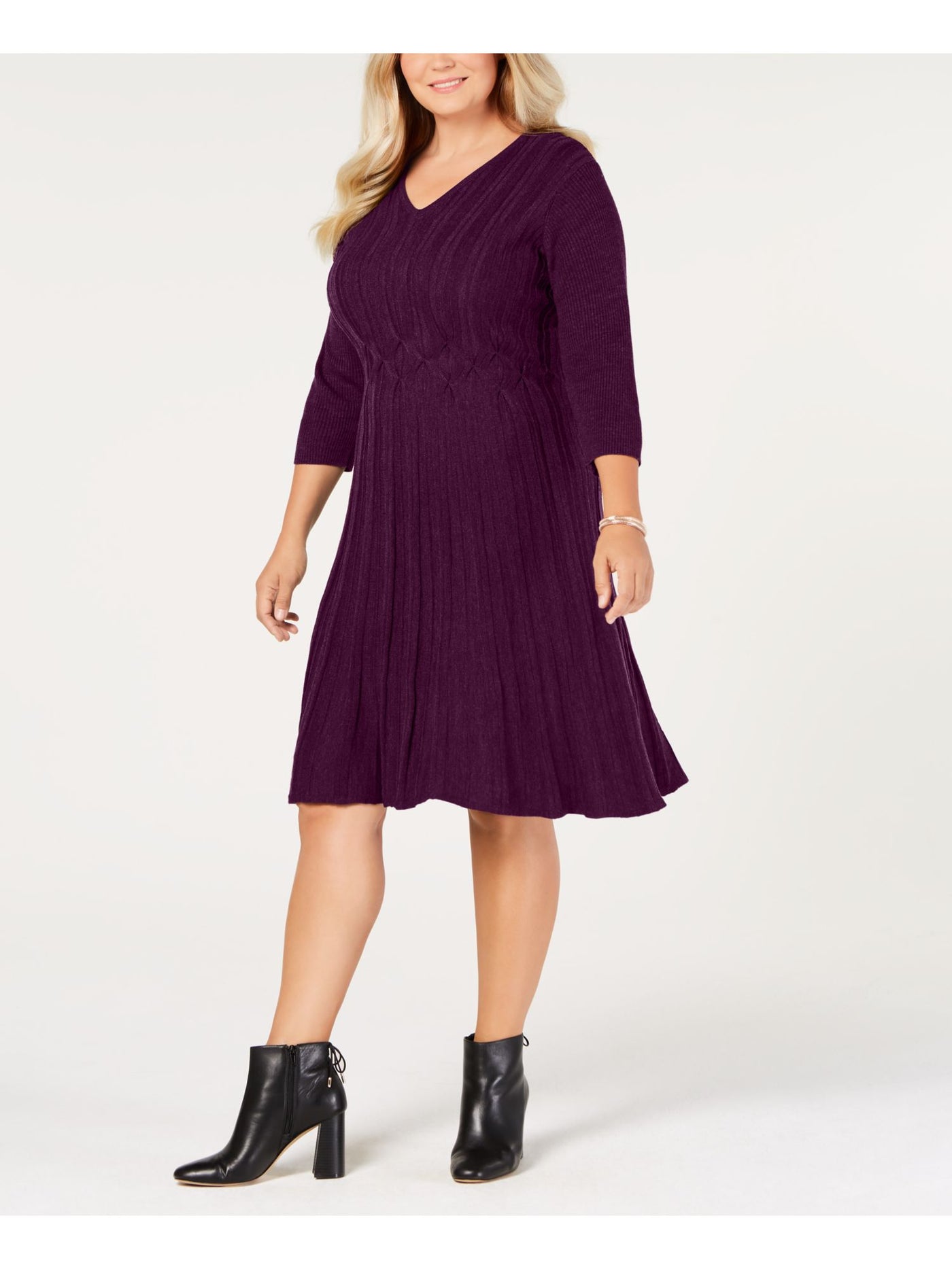 CONNECTED APPAREL Womens Purple Ribbed Striped 3/4 Sleeve V Neck Knee Length Evening Fit + Flare Dress Plus 3X