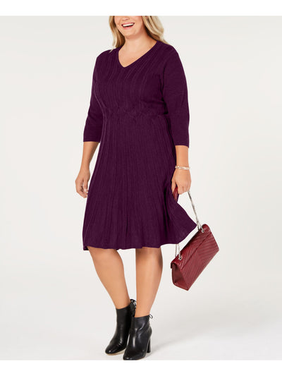 CONNECTED APPAREL Womens Purple Heather 3/4 Sleeve V Neck Below The Knee Fit + Flare Dress Plus 1X