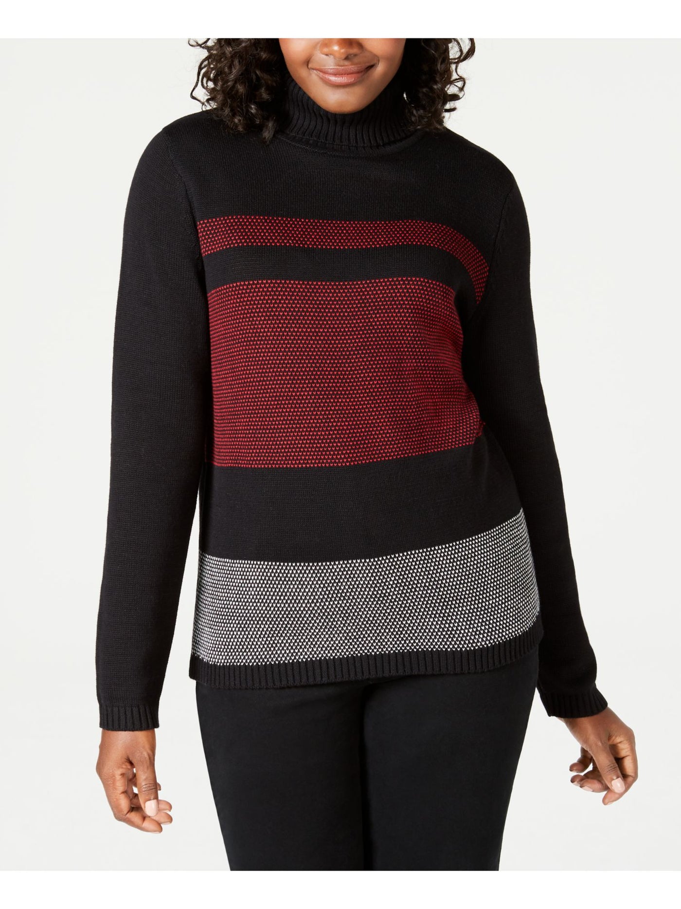 KAREN SCOTT Womens Red Ribbed Color Block Long Sleeve Turtle Neck Sweater S