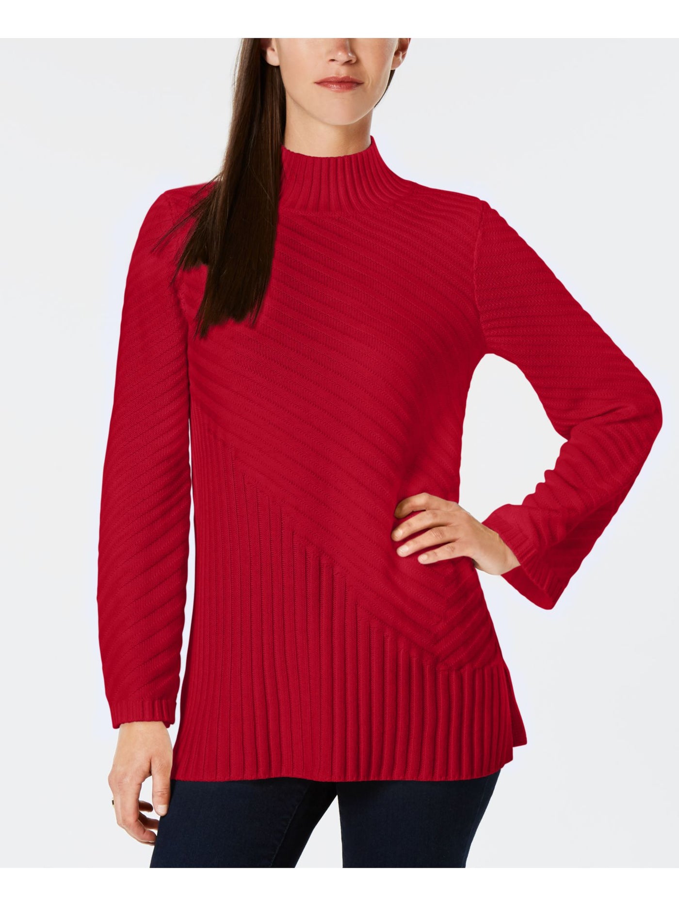 CHARTER CLUB Womens Red Ribbed Textured Long Sleeve Mock Neck Sweater XS