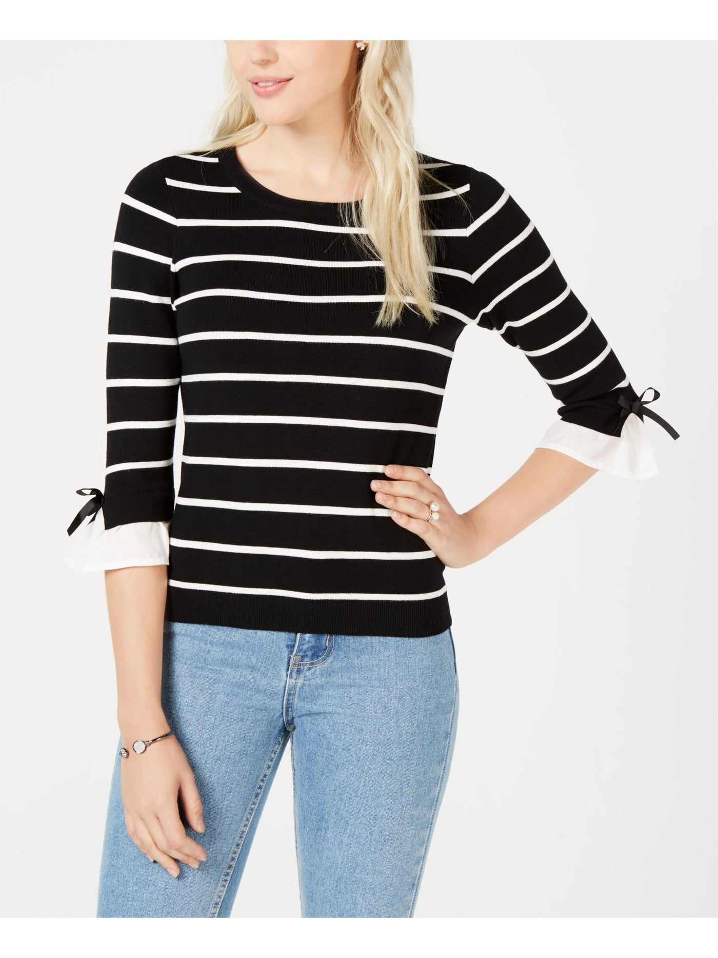 MAISON JULES Womens Black Tie Striped 3/4 Sleeve Jewel Neck T-Shirt XXS