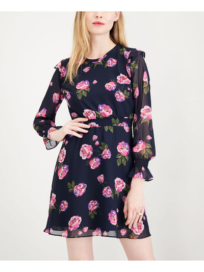 MAISON JULES Womens Navy Sheer Floral Long Sleeve Jewel Neck Knee Length Fit + Flare Dress S