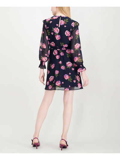 MAISON JULES Womens Navy Sheer Floral Long Sleeve Jewel Neck Knee Length Fit + Flare Dress S