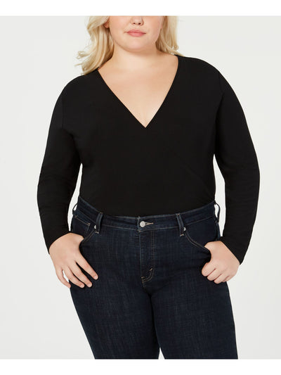 INC Womens Black Surplice Long Sleeve Bodysuit Plus Size: 1X