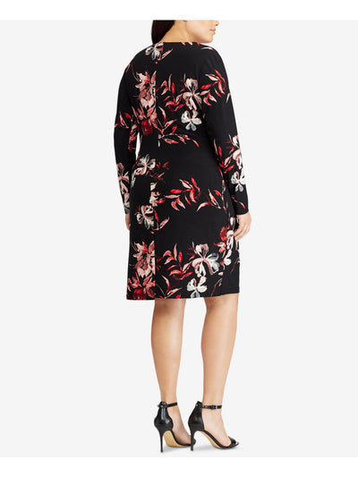 AMERICAN LIVING Womens Black Floral Long Sleeve V Neck Knee Length Wear To Work Shift Dress 4