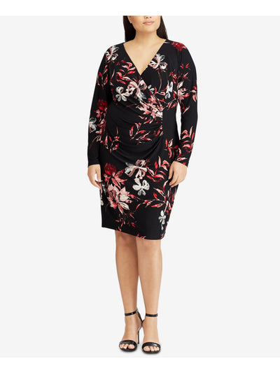 AMERICAN LIVING Womens Black Floral Long Sleeve V Neck Knee Length Wear To Work Shift Dress 4