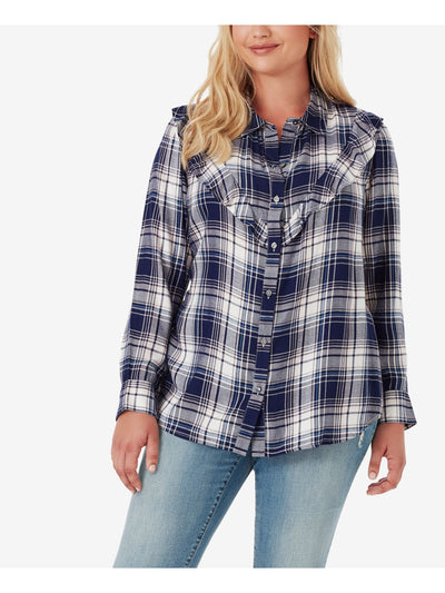 JESSICA SIMPSON Womens Navy Ruffled Plaid Cuffed Sleeve Collared Button Up Top Juniors S