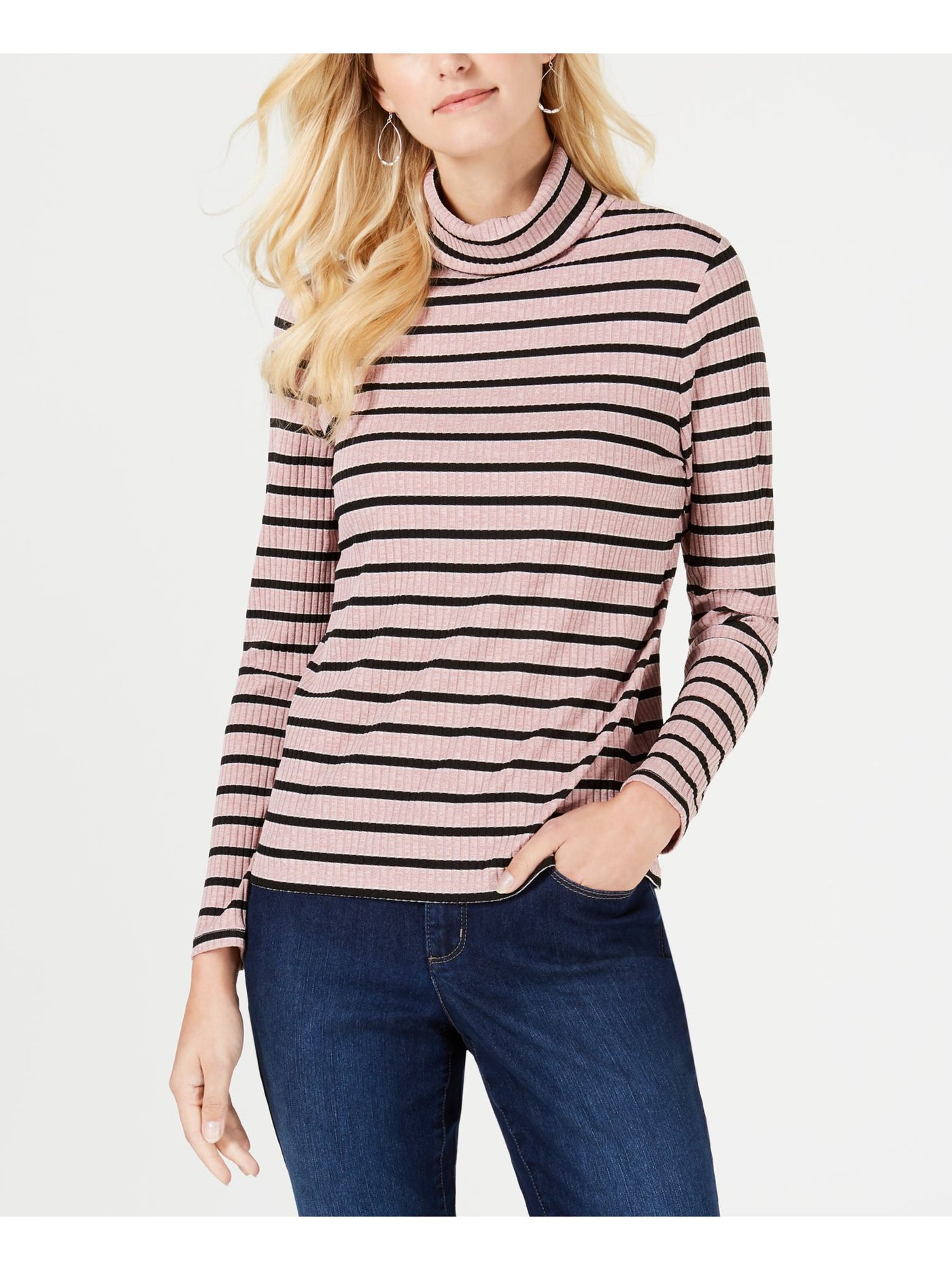 CHARTER CLUB Womens Pink Striped Long Sleeve Turtle Neck Top PXL