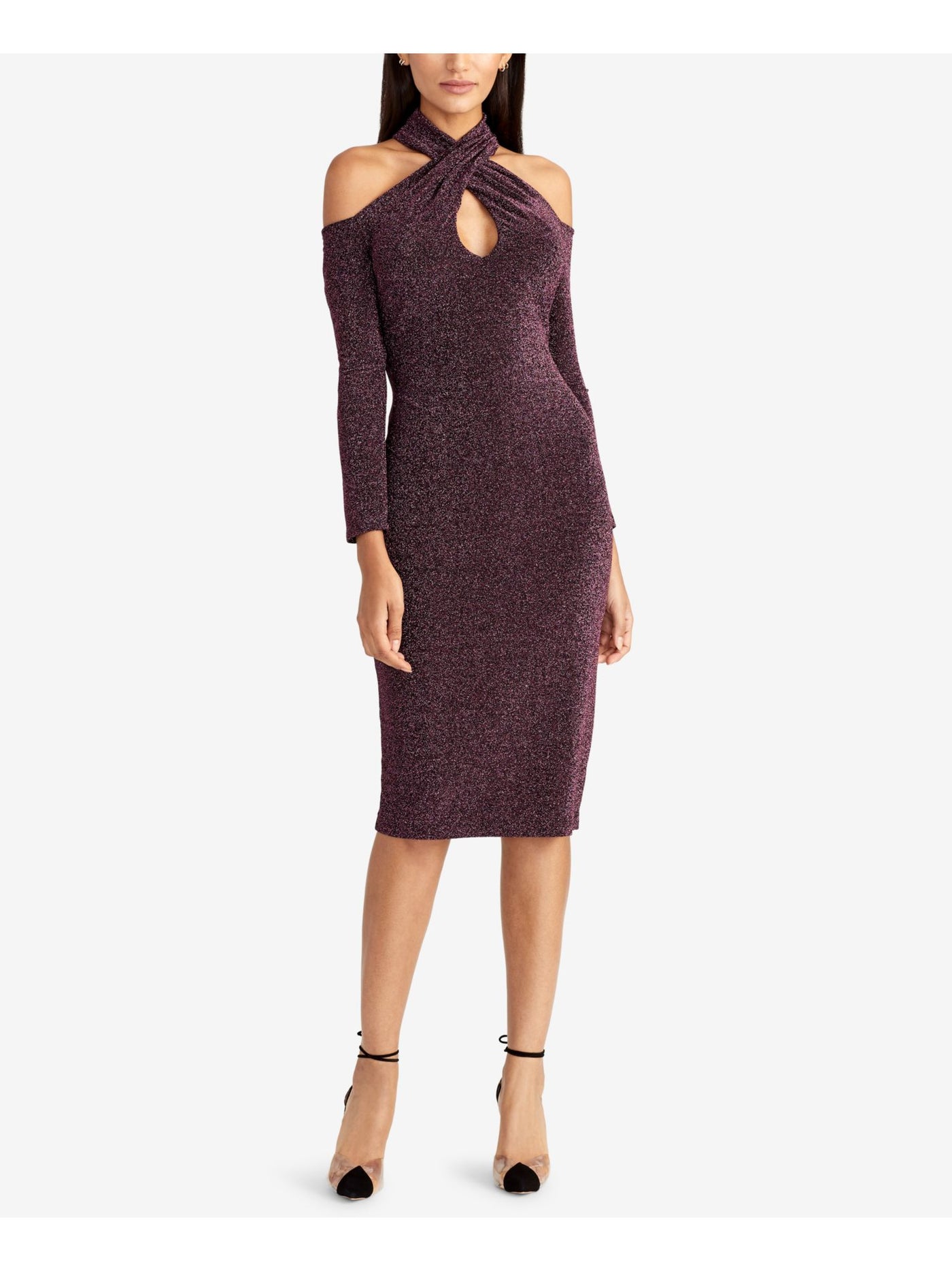 RACHEL ROY Womens Purple Cold Shoulder Metallic Long Sleeve Keyhole Knee Length Formal Body Con Dress XS