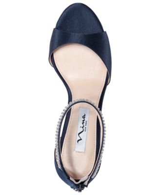 NINA Womens Navy Cushioned Ankle Strap Embellished Volanda Almond Toe Stiletto Zip-Up Leather Dress Sandals Shoes 6 M