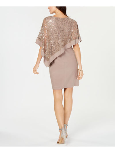 R&M RICHARDS Womens Sequined Lace Cape Overlay Short Sleeve Jewel Neck Above The Knee Cocktail Sheath Dress