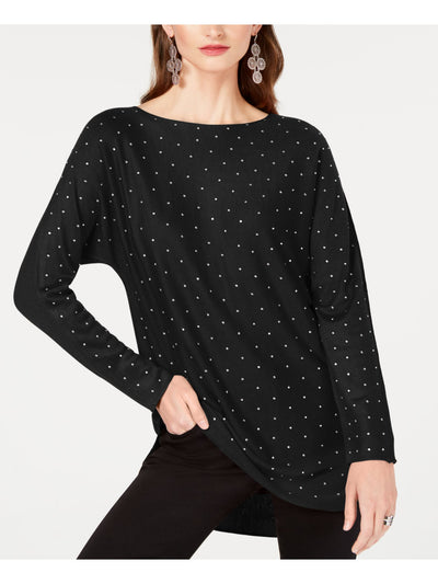 INC Womens Black Embellished Polka Dot Long Sleeve Jewel Neck Hi-Lo Sweater XS